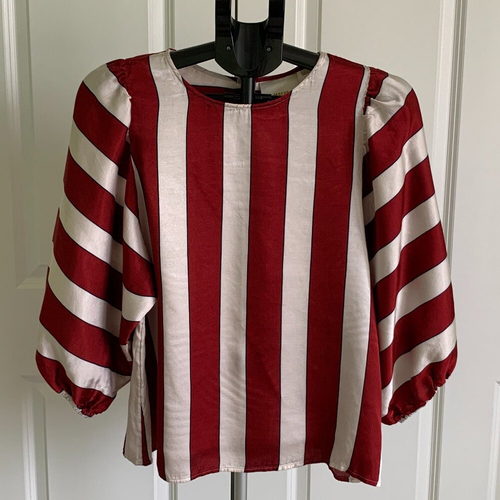 Maeve Maria Anthropologie Striped Red White Women's Top Sz 12 Balloon Sleeves - Picture 2 of 12